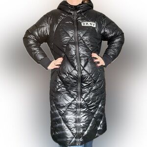 DKNY Jeans Diamond Quilted Hooded Water Resistant Coat Puffer Size M Black